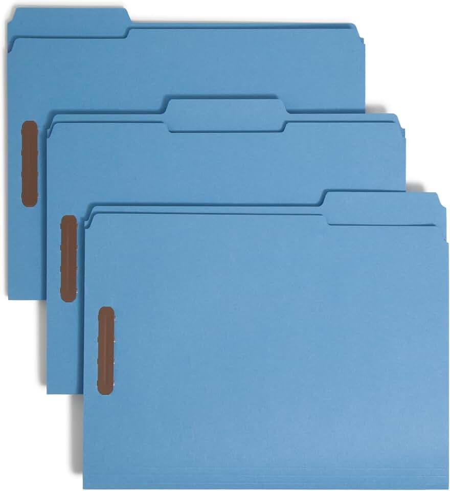 Smead Blue Fastener File Folders with Prongs, 3 Tab Letter Size