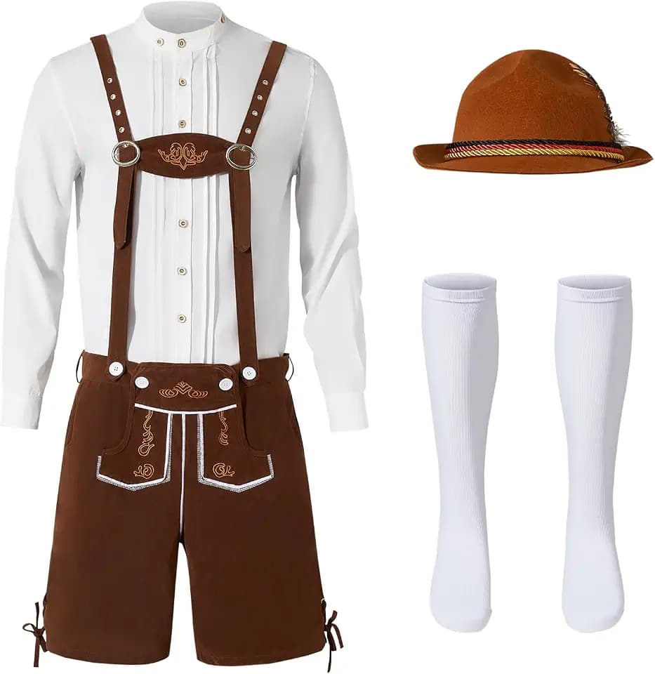 Ulikey Oktoberfest Herren Outfit, Herren Deutsch Bayern Oktoberfest Kostüm Set Oktoberfest Kleidung Herren mit Abnehmbarem Lätzchenträger, Hemden, Kniesocken und Bayerischen Filzhüte