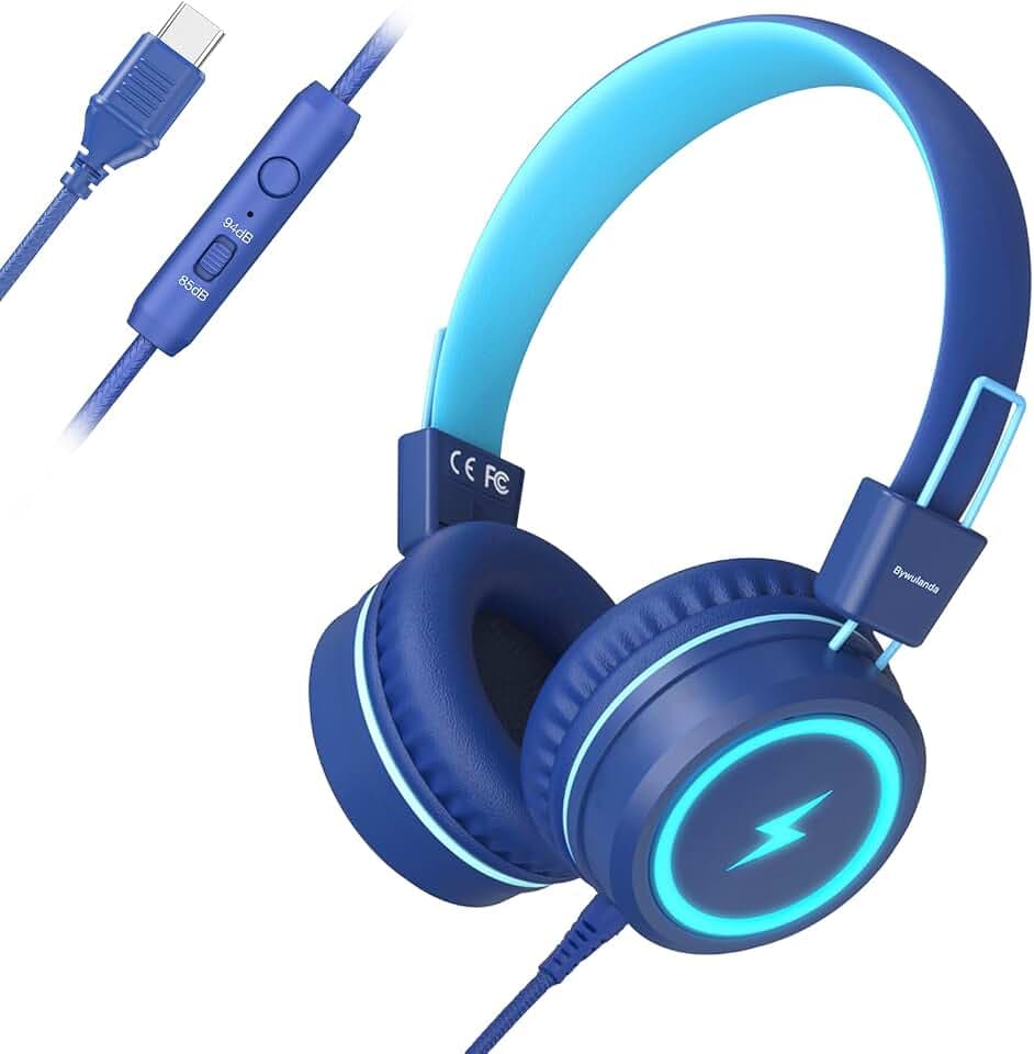 Bywulanda Kinder-Kopfhörer mit LED-Lichtern für die Schule, Upgrade USB Typ C Kid Kopfhörer mit Mikrofon, Lautstärkeregler 85/94 dB, kabelgebundene On-Ear-Kopfhörer für Jungen/Mädchen/Tablet/Reisen