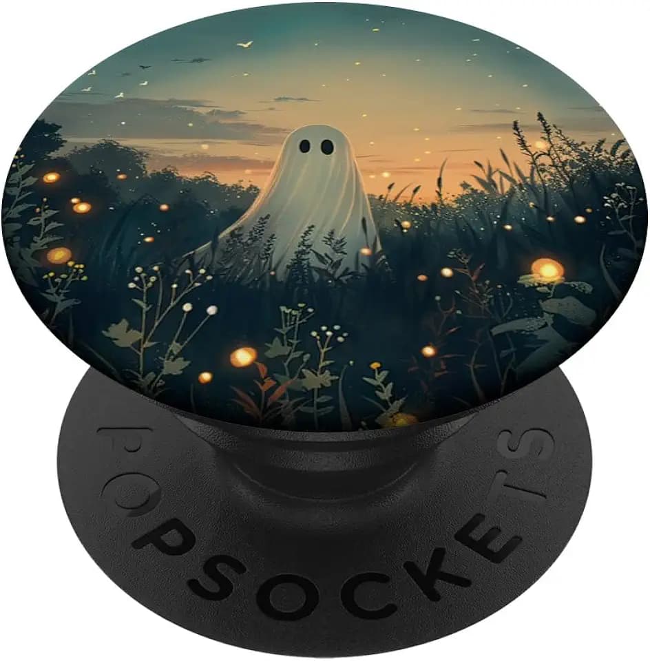 Cute Ghost in Wildflower Field Night Sky Fireflies Halloween PopSockets Adhesive PopGrip