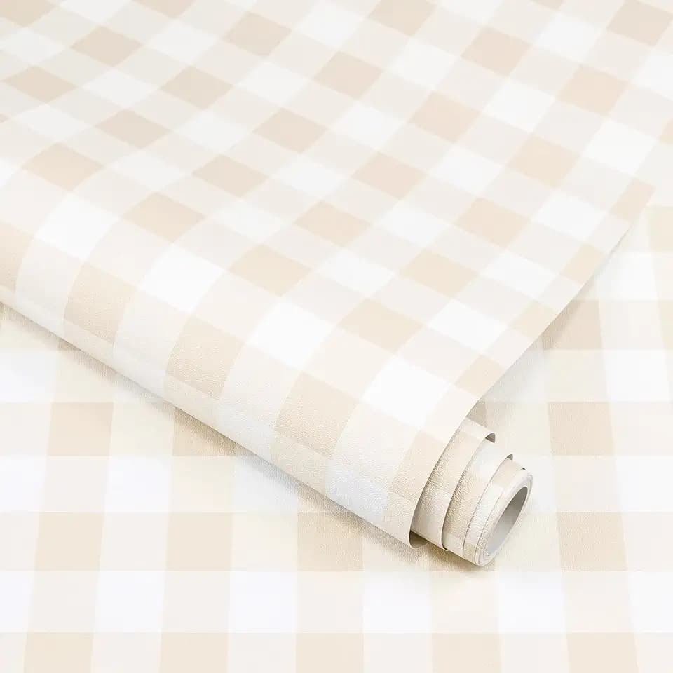 Beige Plaid Peel and Stick Wallpaper Removable Checkered Contact Paper, Gingham Self-Adhesive Waterproof Vinyl Roll for Shelf Drawer Liner Bedroom Nursery 17.3"x240"
