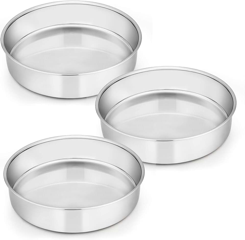 E-far 8 Inch Cake Pan Set of 3, Stainless Steel Round Layer Cake Baking Pans, Non-Toxic & Healthy, Mirror Finish & Dishwasher Safe