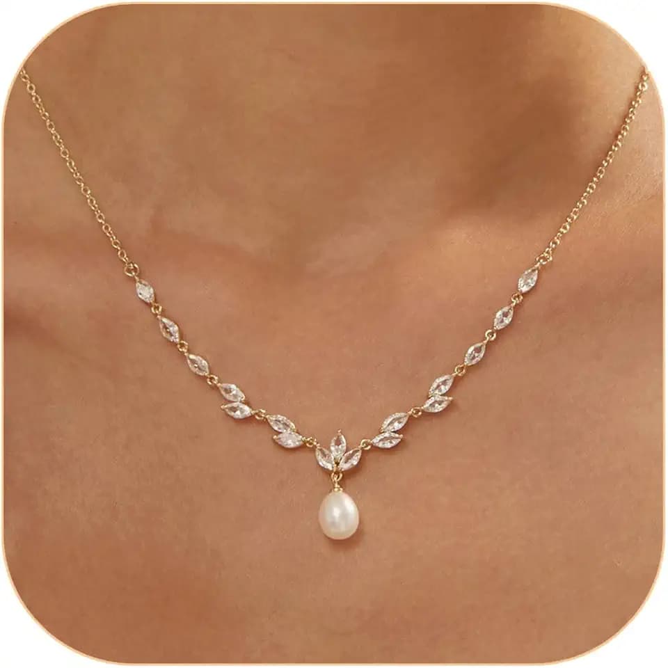 Pearl Gold Necklace Women Pendant Prom CZ Wedding Jewelry
