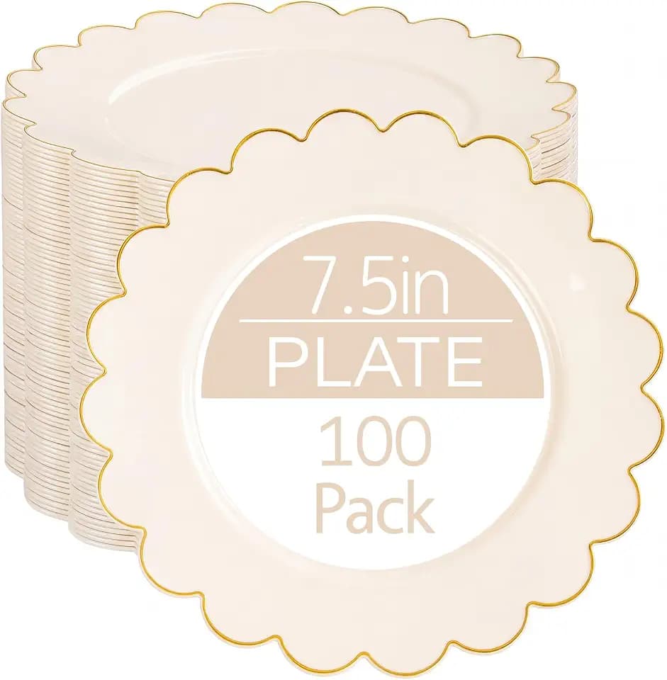 LIYH 100 Pcs Scalloped Ivory Dessert Plates with Gold Rim for Wedding