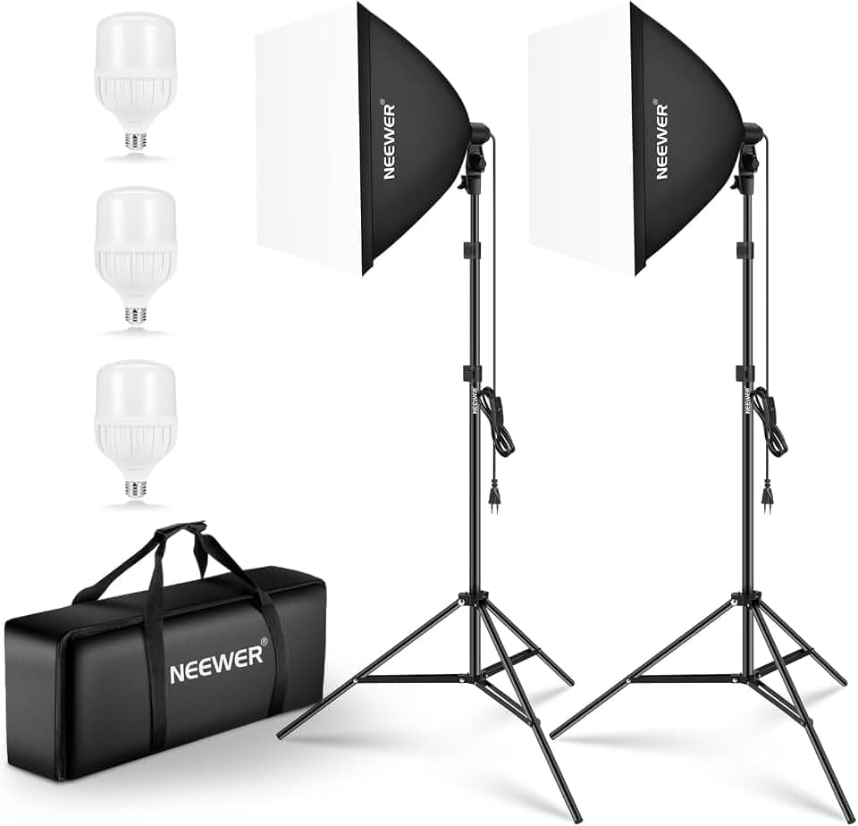 NEEWER Softbox Beleuchtungsset, äquivalent zu 700W, 3er Pack CE & UKCA zertifizierte 5700K LED Glühbirnen, 24x24 Zoll Softboxen mit E27 Fassung, Fotografie Dauerlichtset, Fotostudio Ausrüstung