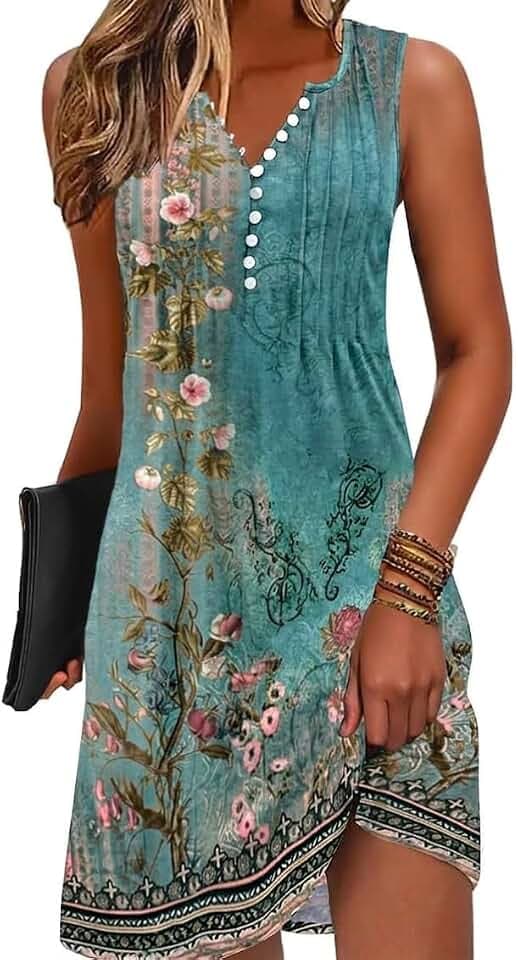 Damen Freizeitkleid Boho Leicht Sommerkleider Armellos V-Ausschnitt Elegant Kurz Strandkleid Blumen Luftig Dress Hawaii Kleid Basic(Mehrfarbig,S-XXL)
