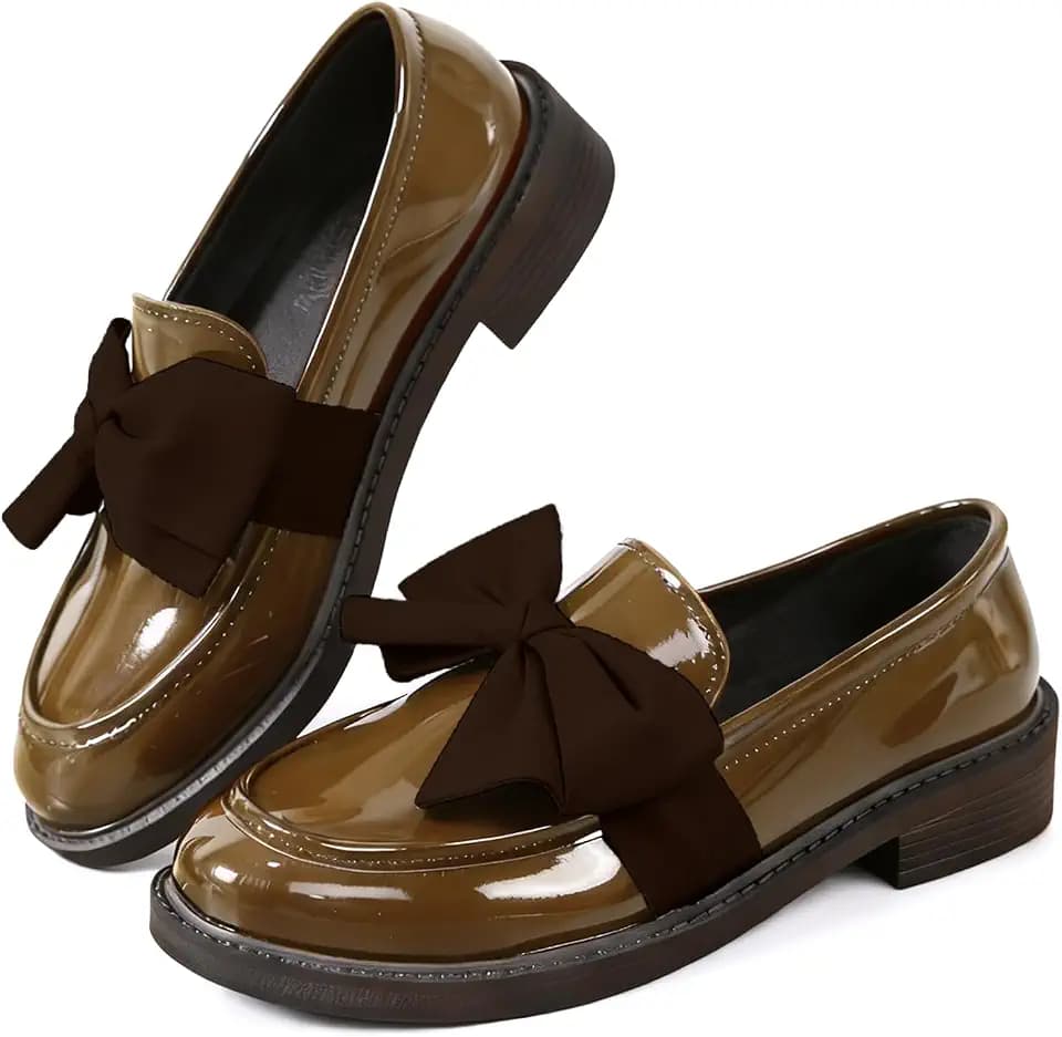 Patent Leather Bow Loafers for Women Comfort Round Toe Slip On Anti Slip Low Chunky Heel Penny Loafers for Work Daily Casual Dressy
