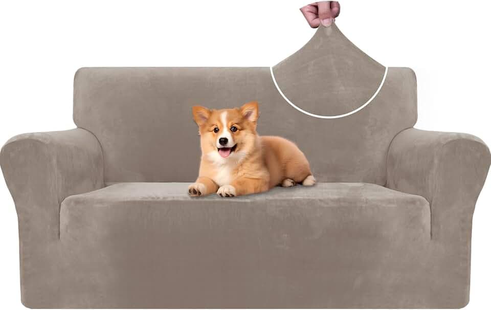Samt Sofa Überzug 2 Sitzer, Sofabezug Elastische, Couch Überzug Haustier Katze Hunde, Universal Sofa Cover Moderne, Sofahusse Mit Armlehnen, Sofaschoner rutschfest, Khaki