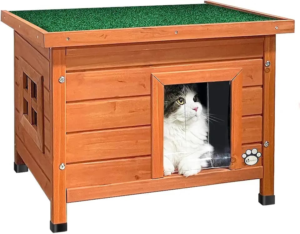 VOUNOT® Katzenhaus aus Holz, Katzen Haus mit Asphaltdach, Katzenhütte für Draussen Outdoor 57 x 45 x 43 cm