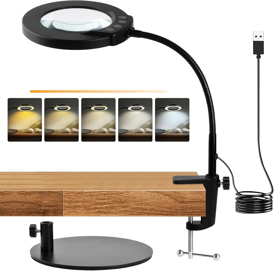 10X Lupe mit Licht und Ständer, 5 Farbmodi Dimmbare LED Beleuchtete Schreibtischlampe, Flexible Schwanenhals Lupe mit Licht, Lupenleuchte für Arbeit Lesen Hobbys Nähen Basteln (2-in-1)