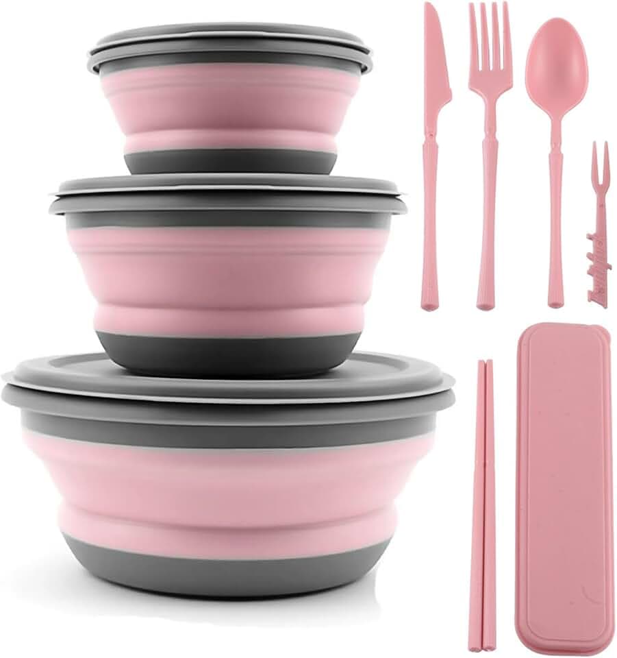 Collapsible Bowl, 3 Pcs Food Grade Silicone Camping Bowl, Expandable Salad Bowl Lunch Box with Lid & Tableware for Travel and Picnic