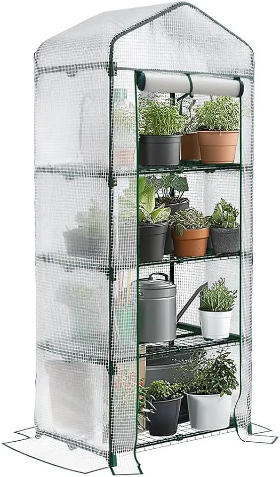 VOUNOT® Gewächshaus Foliengewächshaus, 4 Etagen Treibhaus Gartenhäuschen für Balkon mit 4 Regalebenen, Tomatenhaus Tomatengewächshaus, Weiß 69x49x160cm