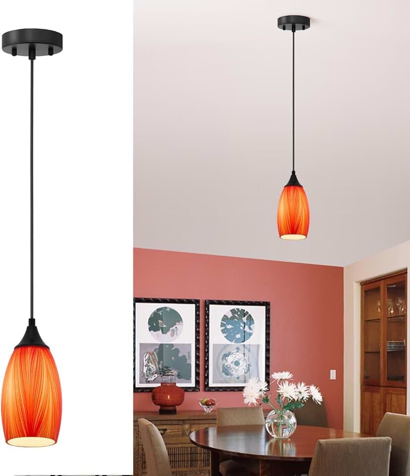 ANYLOVE Vintage Art Orange Pendant Lighting,1-Pack Hand Glass Hanging Light Fixture,Adjustable Cord for Kitchen,Hallway,Dining Room