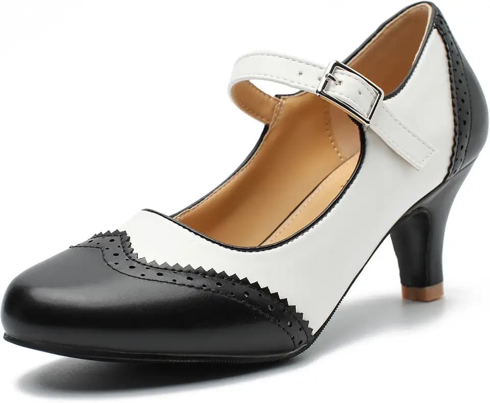 Women's Mary Jane Double-Tone Oxford Pumps Comfortable Low Kitten Heels Retro Ankle Strap Round Toe Dress Shoes