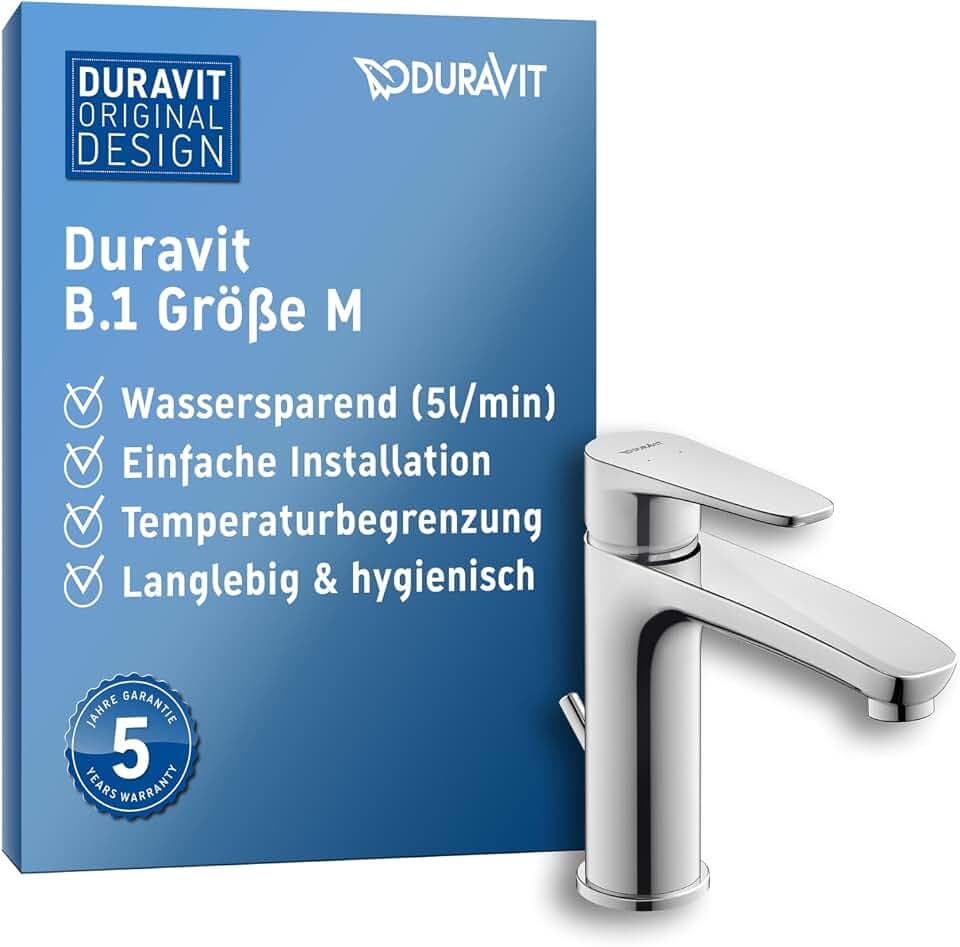 Duravit B.1 Waschtischarmatur, Größe M (Auslauf Höhe 110 mm), Wasserhahn Bad mit Zugstangen-Ablaufgarnitur, Waschbecken Armatur mit Keramikkartusche, Chrom