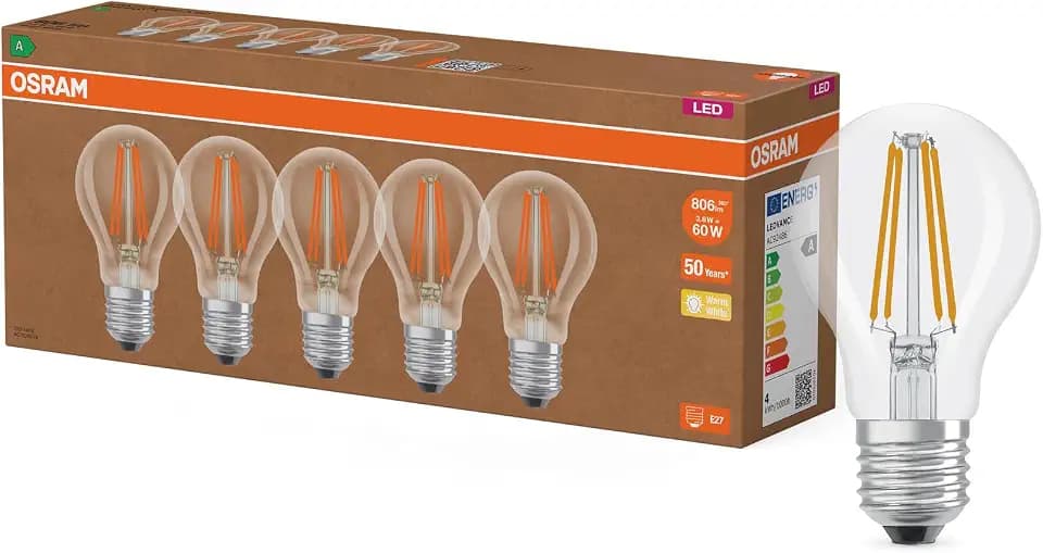 Osram Hocheffiziente LED Lampen mit Energieeffizienz Klasse A, Vorteilspack mit 5 Leuchtmittel, ersetzt herkömmliche 60W Glühbirnen, warmweiß(2700K), E27, Filament Glas