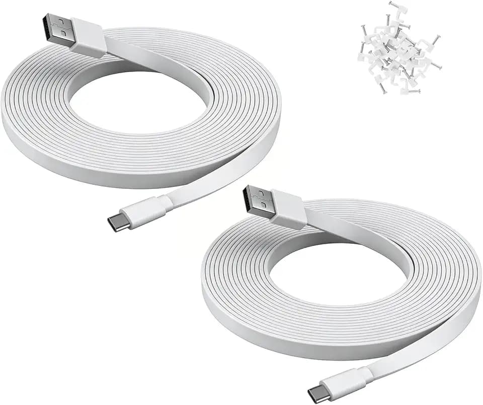 2 Pack 25 ft USB C Cable for Security Camera Outdoor Indoor, Type-C Extension Charging Cord Flat, Waterproof, with Wire Clips