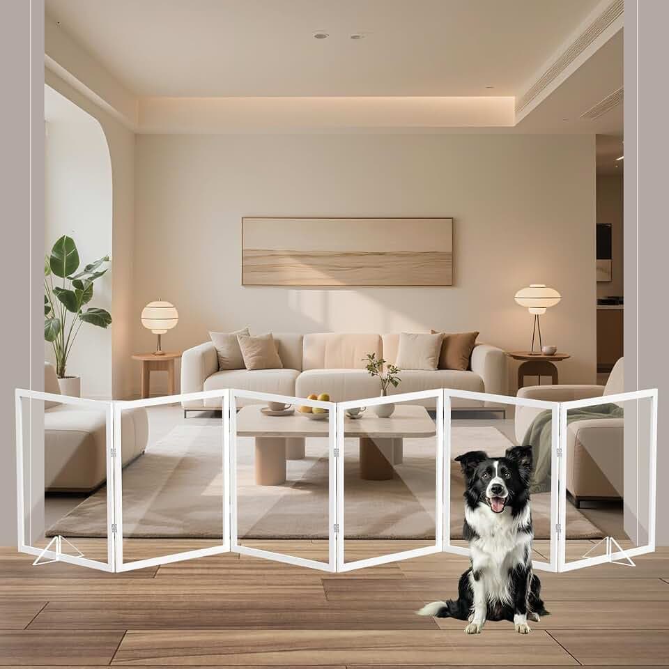 Xifamniy Freistehendes Holz-Hundegitter mit Acrylplatten, 62,5 cm Hoch, Metall-Stützfüßen, Klappbares Innengitter bis 280 cm Breite, 6-Tafeln für Türwege und Treppen