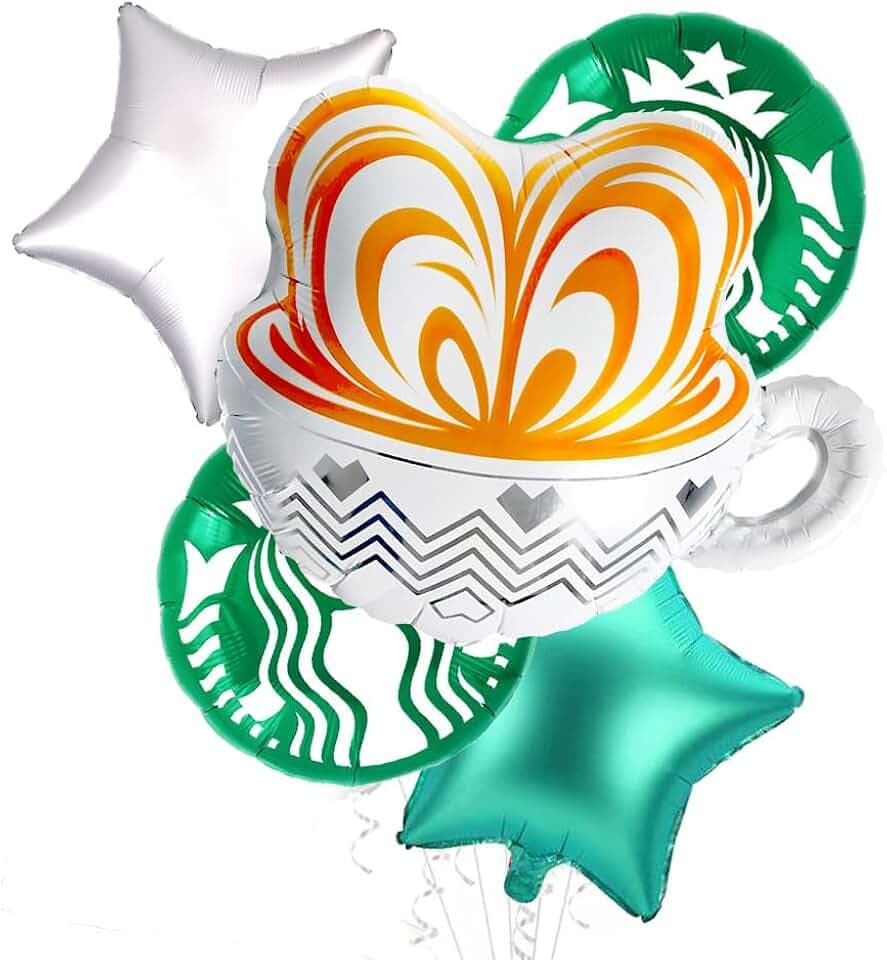 5Pcs Green Star Coffee Balloons and Coffee Cup Balloons for Coffee Lovers Party Decorations Coffee Birthday Decorations Coffee Decorations for Coffee Bar