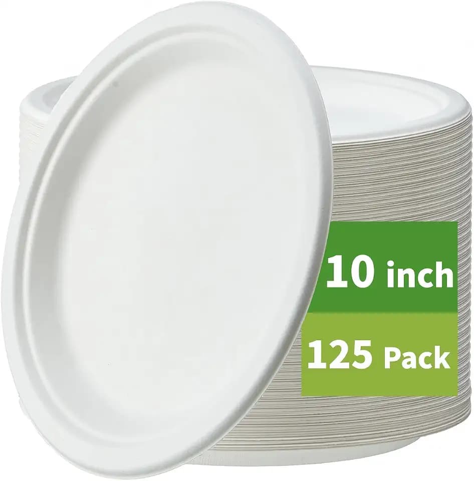 Jaluxing [125-Pack 10 Inch Paper Plates, Heavy Duty Disposable Party Plates Sugarcane Bagasse, White Unbleached 10" Dinner Paper Plate