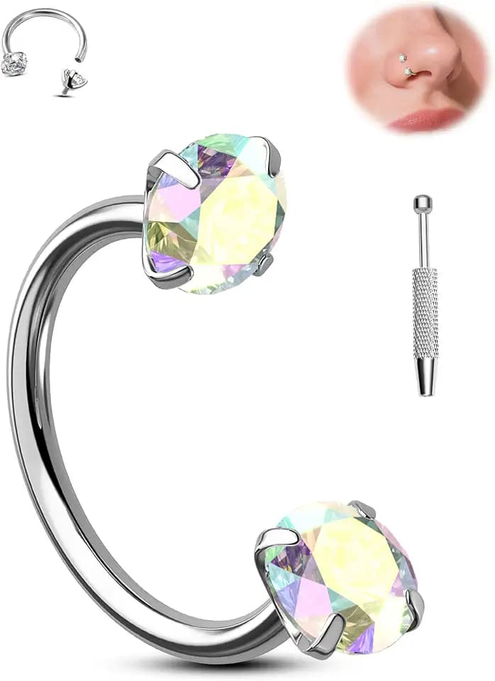 Jewseen Titanium Horseshoe Nose Ring 18G Double Gem Nose Ring for Women 6MM/7MM/8MM Internally Threaded Lip Septum Piercing Jewelry Horseshoe Helix/Daith/Tragus Earring for Women