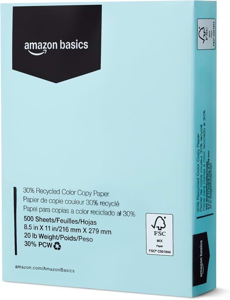 Amazon Basics 30% Recycled Color Copy Paper, 8.5" x 11", 20lb, Pastel Blue, 500 Sheets