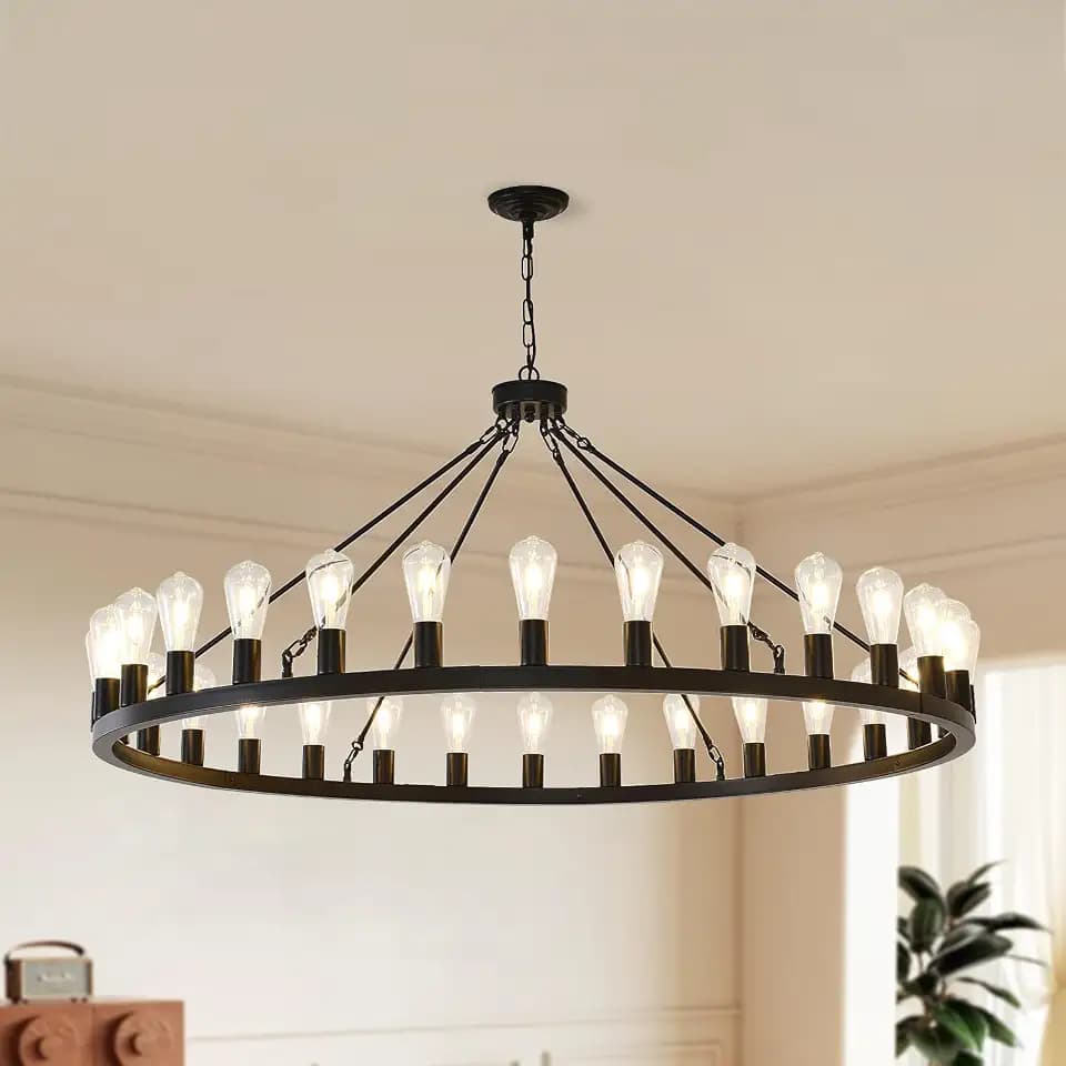 NILSE 53-Inch Black Farmhouse Chandelier Extra Large Wagon Wheel Chandelier