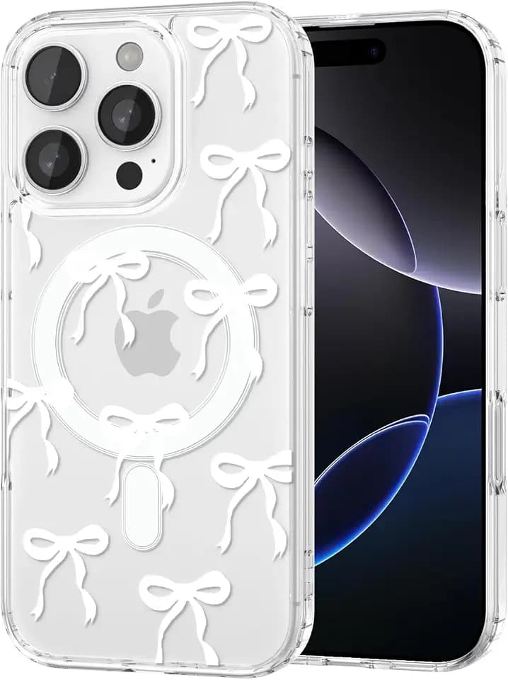 Magnetisch Hülle für iPhone 16 Pro Max Kompatibel mit MagSafe, Aesthetic Schleifen Muster Handyhülle Nie Vergilbung Dünne Transparent Hard PC Rückseite Stoßfest Kratzfest Schutzhülle Case, Weiß