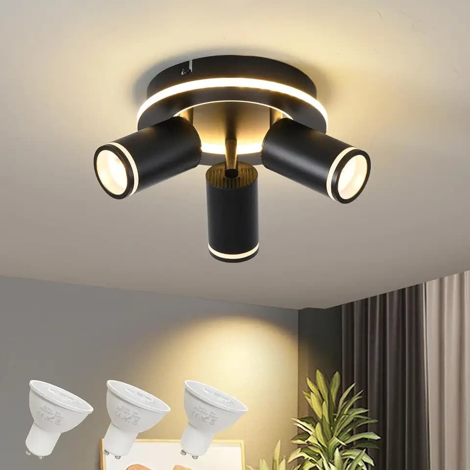 SANSHI Deckenleuchte 3 flammig LED,Schwenkbar Rund Deckenstrahler,Schwarz