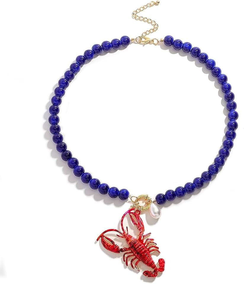 Lobster Crab Pendant Necklace for Women, Boho Summer Beach Beaded Necklaces Jewelry Gift for Everyday Wear Vacation