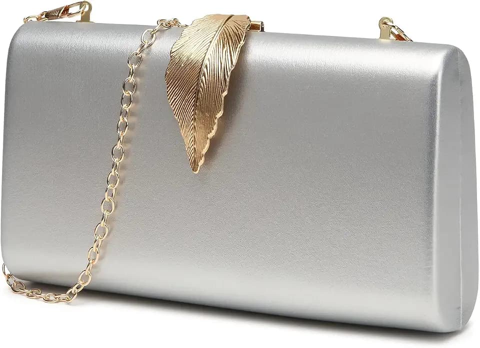 Beaguful Women's Fashion Evening Bags with Golden Leaves Crossbody Shoulder Handbag Chain Removable Silver