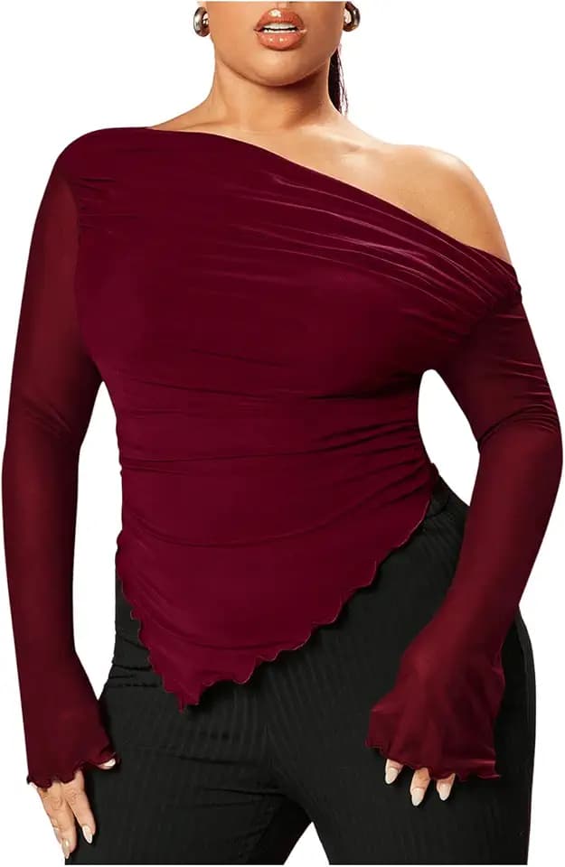 WDIRARA Women's Plus Size Off Shoulder Mesh Ruched Asymmetrical Long Sleeve Tops T Shirt