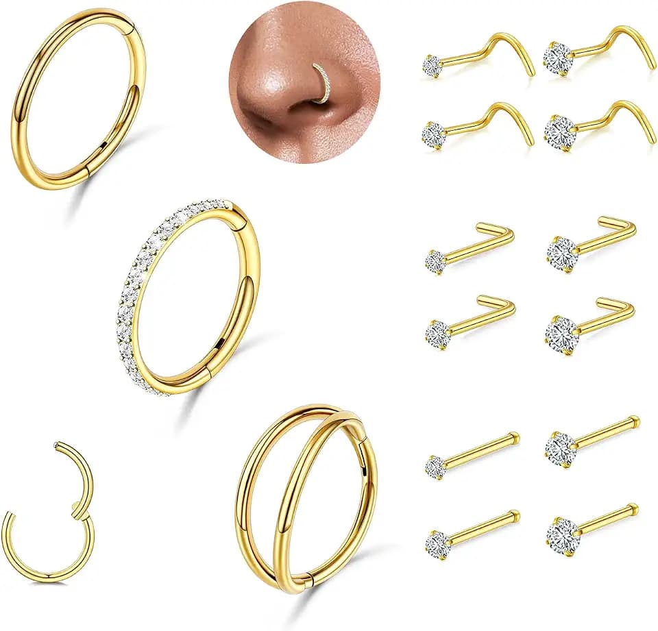 20G/18G Nose Studs Stainless Steel Nose Piercing Nose Ring Set I L S Shape Body Piercing Nose Hoop Ring for Women Men