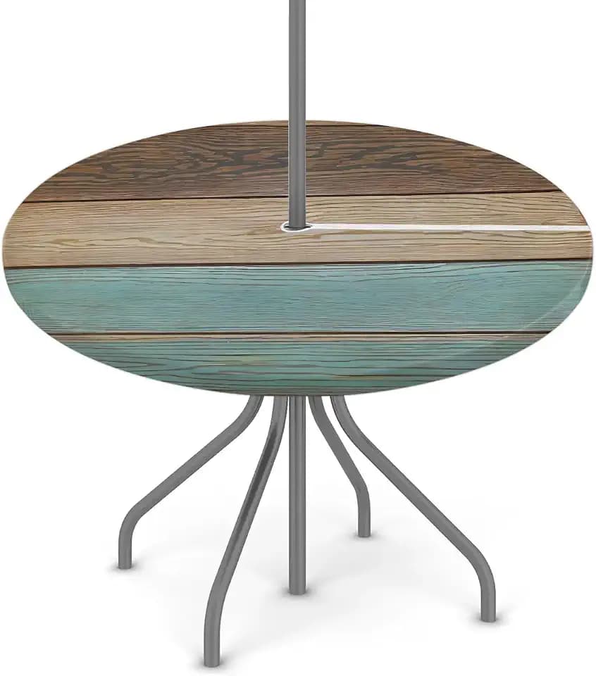 Round Outdoor Tablecloth with Umbrella Hole Wood Texture Round Fitted Tablecloth Waterproof Umbrella Table Cloth with Zipper Patio Table Cover Elastic Outdoor Tables Cover, Fits 36"-44" Tables