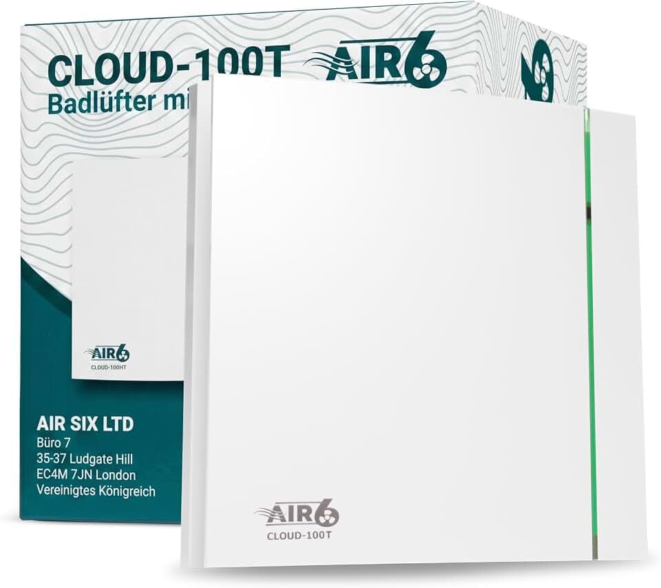AIR 6 Badlüfter 100mm, Abluftventilator Für Badezimmer, WC, Bad Lüfter mit Timer, Leise und Leistungsstark, Wand- oder Deckenmontage, Leistung 26,5 l/s (95 m³/h), Weiß, IP45