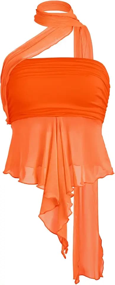 OYOANGLE Women's Sheer Ruffle Trim Halter Ruched Concert Y2K Crop Tops