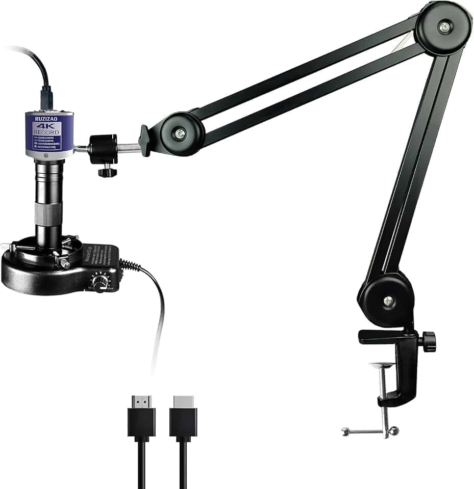 Digitales Mikroskop, 48 MP, 4K, 1080P, HDMI, Typ-C/USB, industrielle Videokamera für Mikroskope, Objektiv mit C-Halterung und 150-fachem Zoom, zusammenklappbare Halterung, LED-Licht