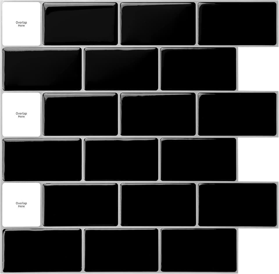 Art3d Fliesenaufkleber schwarz Backsplash 10 Stück 30 x 30 cm