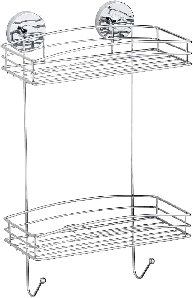 WENKO Wandregal Mod. Vacuum-Loc mit 2 Etagen und 2 Haken Duschablage ohne Bohren verchromtes Metall Drahtkorb-Design Maße 26 x 44 x 15,5 cm