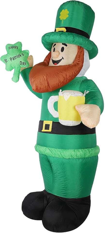 AUNMAS St. Patrick Day Aufblasbarer Kobold, 2.4m / 7.9ft 190T Polyester Stoff aufblasbare Grüne Leprechaun Kleeblatt Bier im Freien Hof Urlaub Dekoration Modell Glow für Irische Bier-Mottopartys