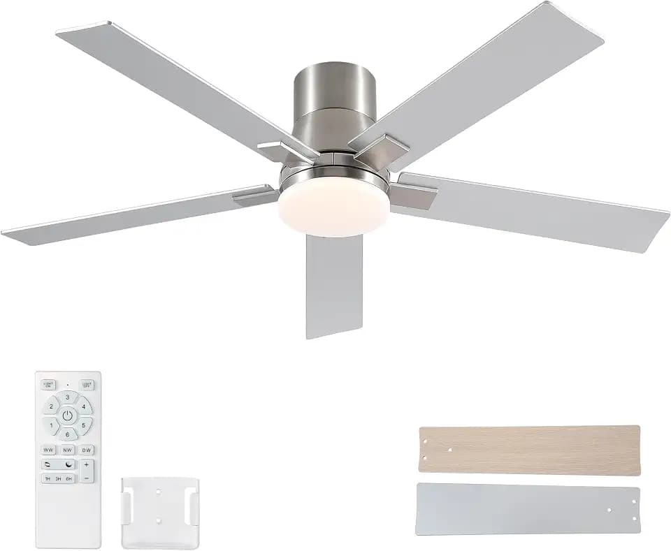 52 Inch Flush Mount Brushed Nickel Ceiling Fans with Lights and Remote