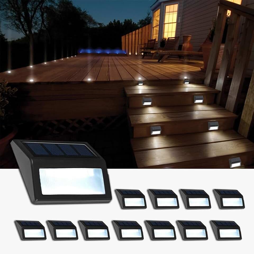 Solar Lights Outdoor, Waterproof Solar Powered Deck Step Lights for Patio Garden Backyard Garage Driveway Pathway Outside Wall Lighting (12, Cool White)