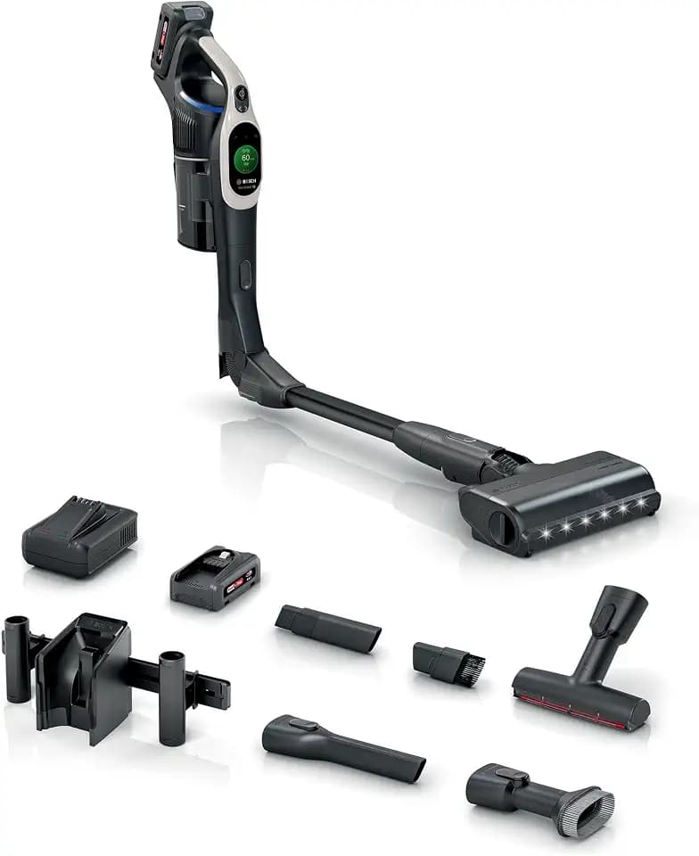 Bosch Akku-Staubsauger Unlimited 10 BKS1042GQC, kabellos, TFT-Display, Staubkomprimierung, HEPA-Filtersystem, 10 J. Motorgarantie, bis zu 2*80 Min. Akkulaufzeit, LED-Beleuchtung, schnelles Laden, grau