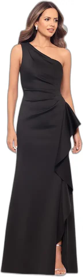 Xscape Women's Floor Length One Shoulder Ruched Waist with Ruffle Bodice Evening Dress with Side Slit