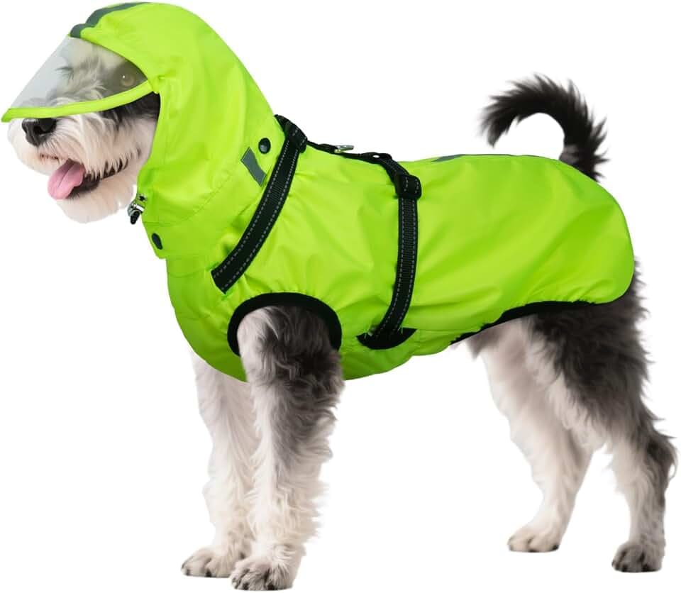 Hunderegenmantel wasserdicht, Regenjacke mit reflektierenden Streifen, H-Brustgeschirr (D-Ring) & Abnehmbarer Kapuze mit Visier, Ideal für mittelgroße/große Hunde [Neon Grün, Größe M]