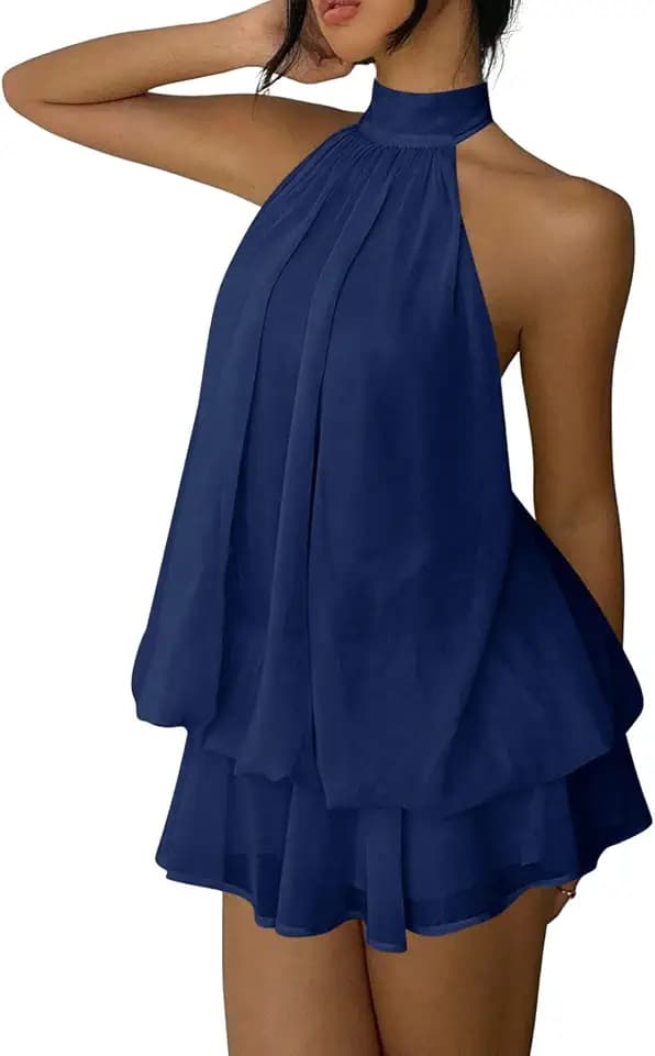Verdusa Women's Chiffon Halter Drop Waist Flowy Wedding Guest Mini Dresses