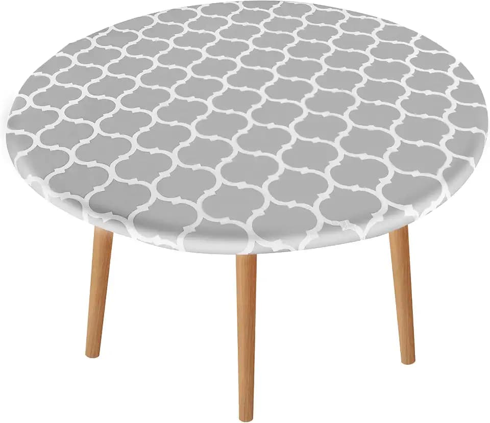 HXMJIED Vinyl-Tischdecke mit elastischen Kanten, rund, grau gestreift, 90–110 cm, Flanell-Rückseite, wasserdicht und öldicht, Muster, abwischbar