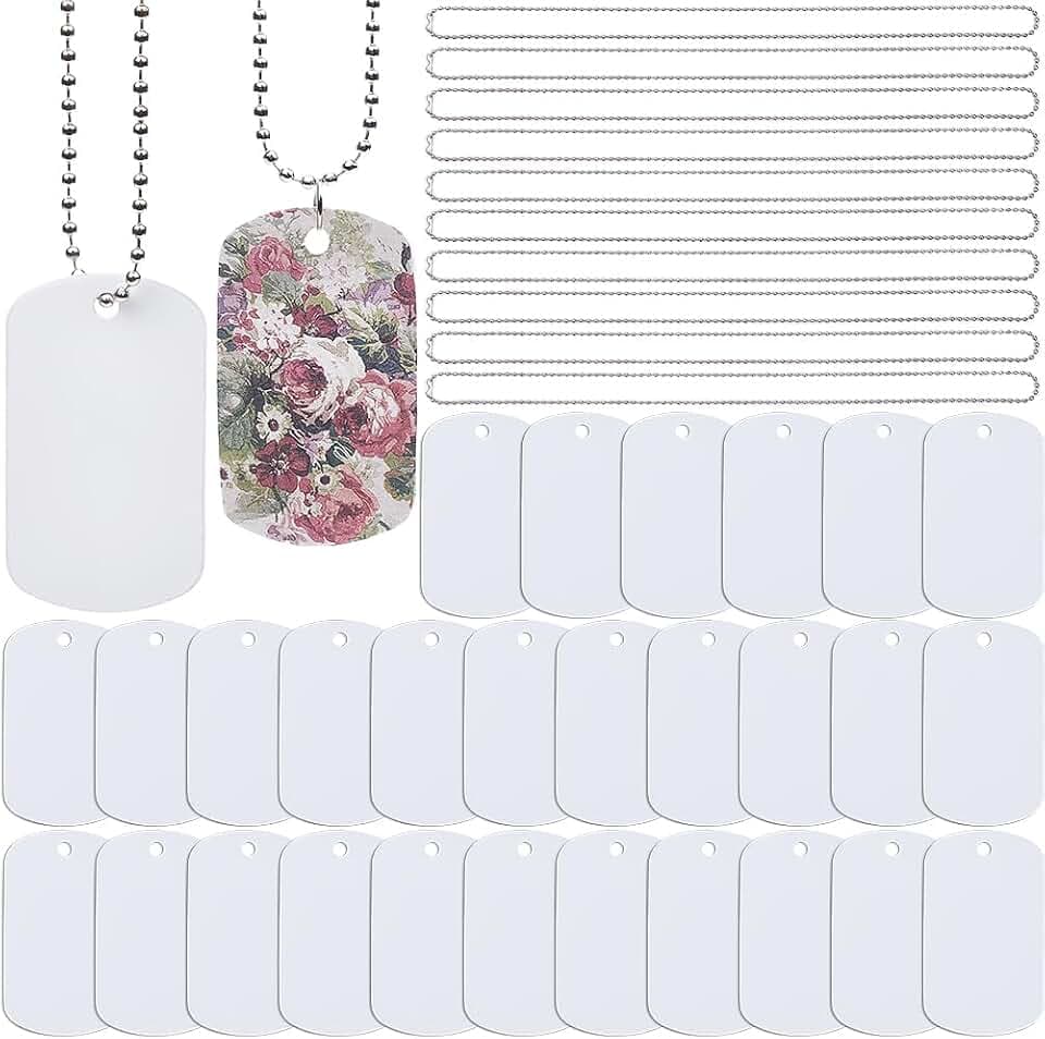 1 Box 45Pcs Sublimation Dog Tags Blanks Bulk with Chain White Aluminum Stamping Blank Tag Pendants Heat Transfer Double Sides Sublimation Keychain Blanks for DIY Craft Necklace Luggage Bagge