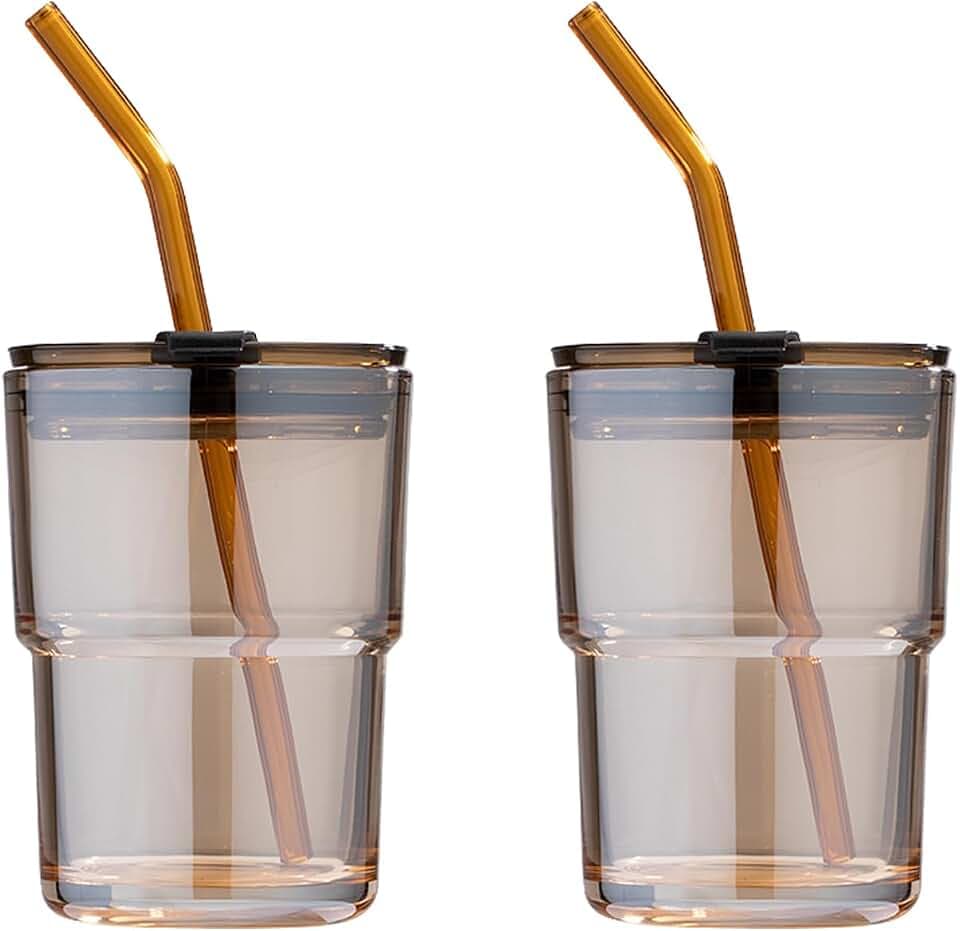 BLUEPOLAR 13oz/400ml Glass Tumbler Water Cup with Straw and Lid, Sealed Carry on for Coffee, Iced Tea, Thick Wall Insulated Amber 2-Pack