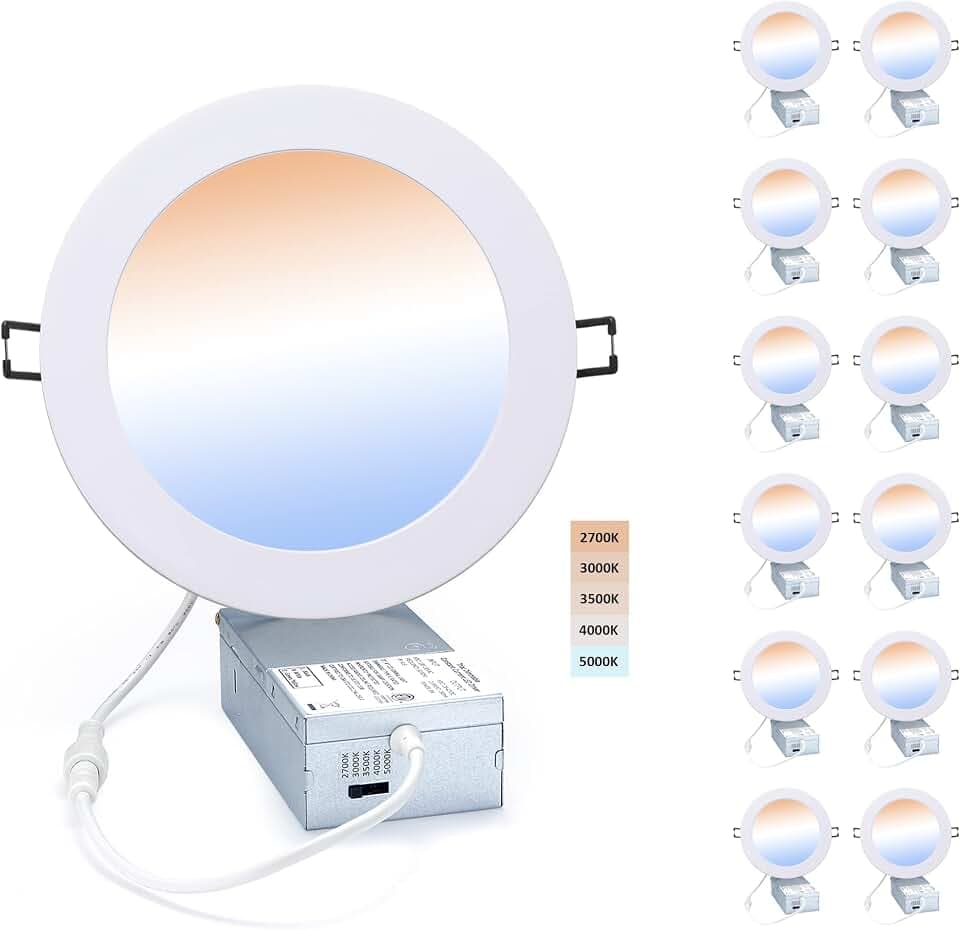 POPANU LED Canless Recessed Downlight Ultra-Thin 6 Inch 5 CCT Adjustable Ceilling Light with Junction Box, 12W 1027lm Color Temperature Selectable Lighting Fixture, Dimmable